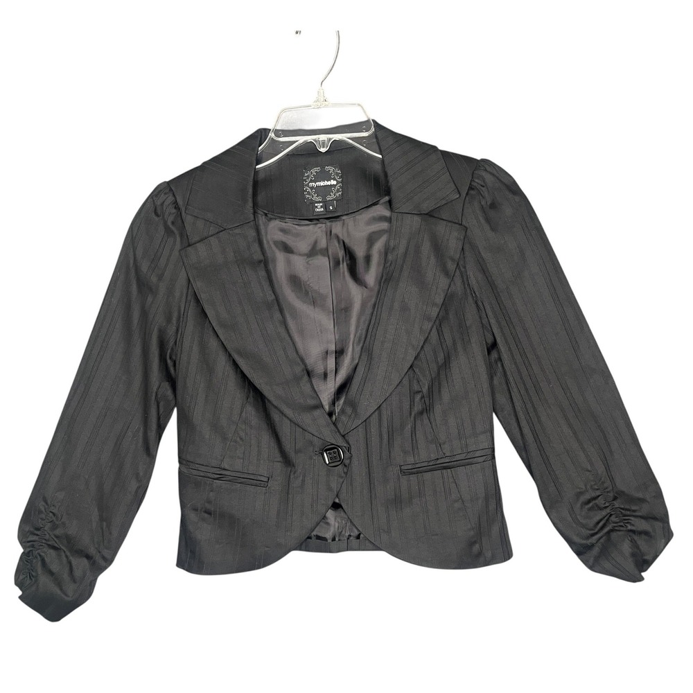 My Michelle Womens Black Cropped Blazer Ruched Sleeve S Corporate Goth Retro Y2K